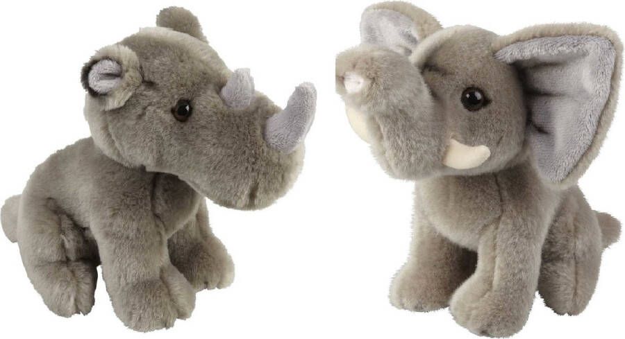 Ravensden Knuffeldieren set olifant en neushoorn pluche knuffels 18 cm Knuffeldier