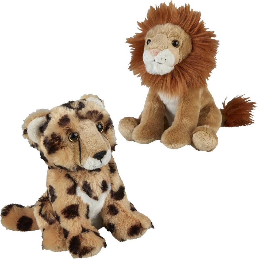 Ravensden Knuffeldieren set leeuw en cheetah luipaard pluche knuffels 18 cm Knuffeldier