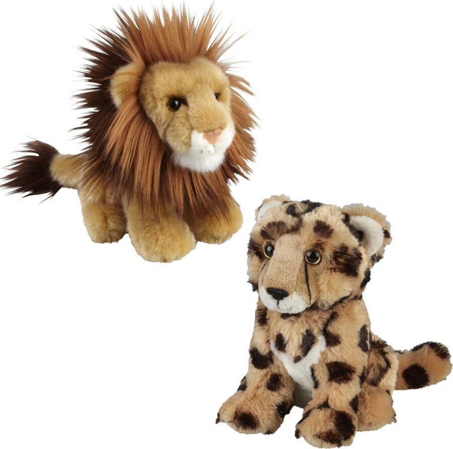 Ravensden Knuffeldieren set leeuw en cheetah luipaard pluche knuffels 18 cm Knuffeldier