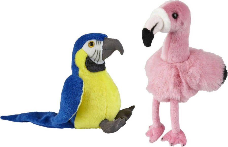 Ravensden Knuffeldieren set papegaai en flamingo pluche knuffels 18 cm Vogel knuffels