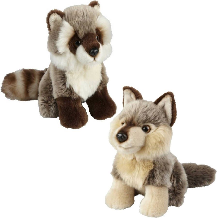 Ravensden Knuffeldieren set wolf en wasbeer pluche knuffels 18 cm Knuffel bosdieren