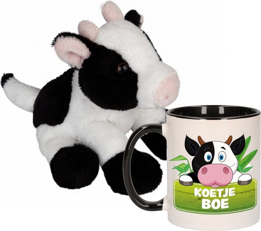 Ravensden Cadeau set kind Koeien knuffel 15 cm en Drinkbeker mok Koe 300 ml Knuffel boederijdieren