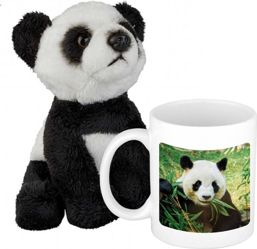 Ravensden Cadeauset kind Panda knuffel 15 cm en Drinkbeker mol Panda 300 ml Knuffeldier