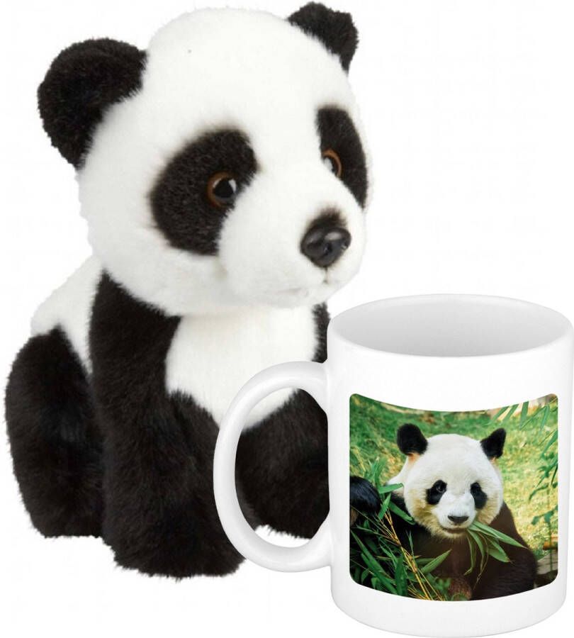 Ravensden Cadeauset kind Panda knuffel 18 cm en Drinkbeker mol Panda 300 ml Knuffeldier