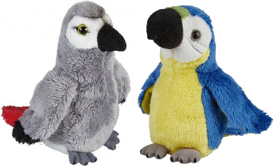 Ravensden Papegaaien serie pluche knuffels 2x stuks -Blauwe en Grijze van 15 cm Vogel knuffels