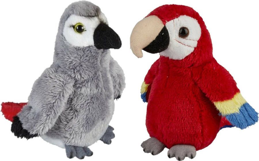 Ravensden Papegaaien serie pluche knuffels 2x stuks -Rode en Grijze van 15 cm Vogel knuffels