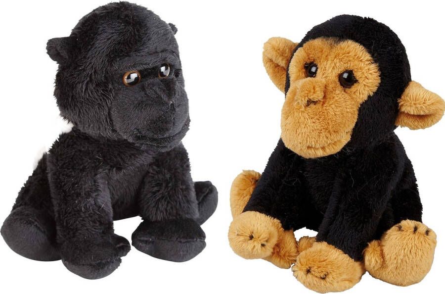 Ravensden Apen serie zachte pluche knuffels 2x stuks Gorilla en Chimpansee aap van 15 cm Knuffel bosdieren