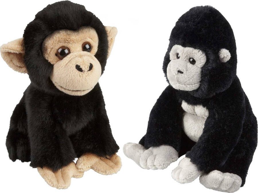Ravensden Apen serie zachte pluche knuffels 2x stuks Gorilla en Chimpansee aap van 18 cm Knuffel bosdieren