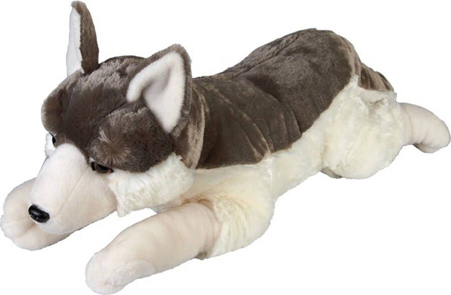 Ravensden Pluche grijze wolf liggend knuffel 60 cm Wolven wilde dieren knuffels Speelgoed voor kinderen