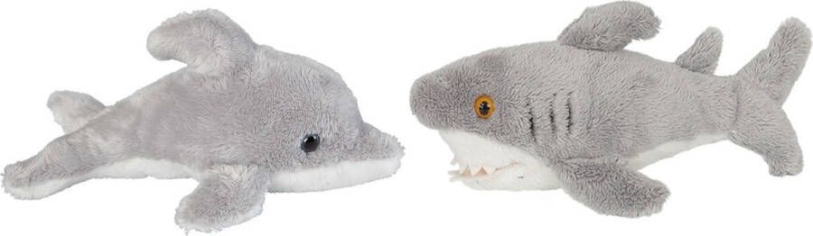 Ravensden Zeedieren serie zachte pluche knuffels 2x stuks Dolfijn en Haai van 15 cm Knuffel zeedieren