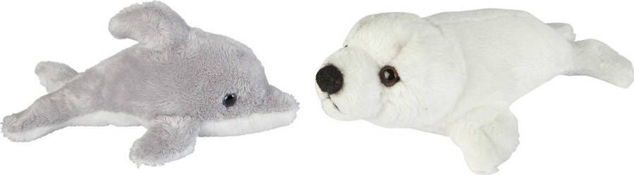 Ravensden Zeedieren serie zachte pluche knuffels 2x stuks Dolfijn en Zeehond pup van 15 cm Knuffel zeedieren