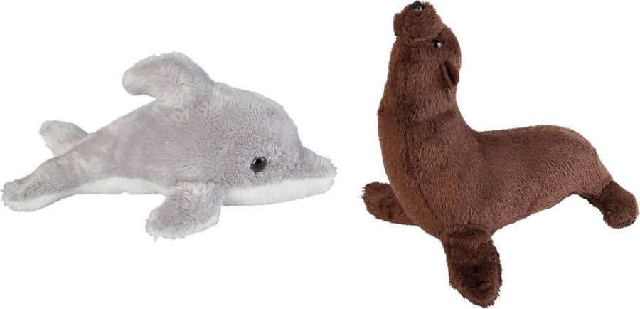 Ravensden Zeedieren serie zachte pluche knuffels 2x stuks Dolfijn en Zeeleeuw van 15 cm Knuffel zeedieren