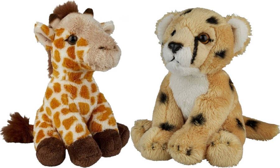 Ravensden Safari dieren serie pluche knuffels 2x stuks Cheetah en Giraffe van 15 cm Knuffeldier