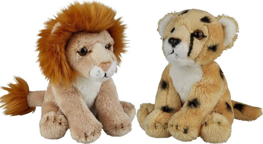 Ravensden Safari dieren serie pluche knuffels 2x stuks Cheetah en Leeuw van 15 cm Knuffeldier