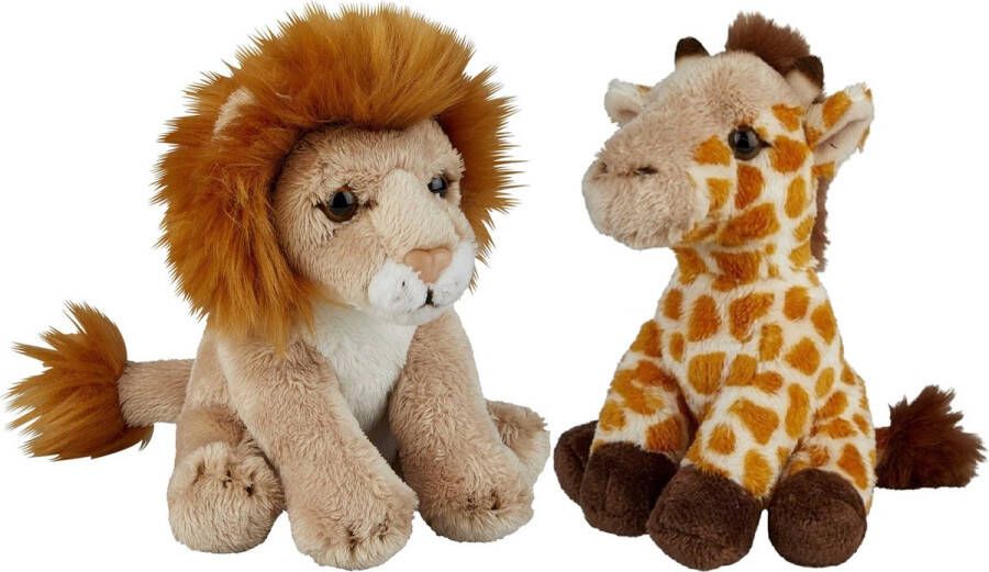 Ravensden Safari dieren serie pluche knuffels 2x stuks Giraffe en Leeuw van 15 cm Knuffeldier