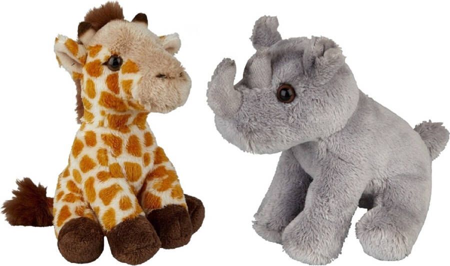 Ravensden Safari dieren serie pluche knuffels 2x stuks Neushoorn en Giraffe van 15 cm Knuffeldier