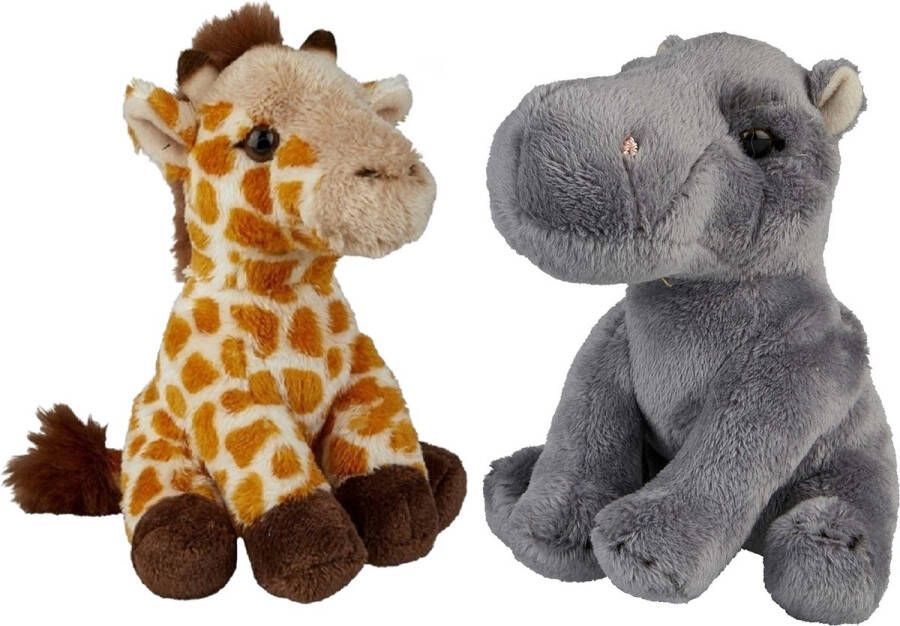 Ravensden Safari dieren serie pluche knuffels 2x stuks Nijlpaard en Giraffe van 15 cm Knuffeldier