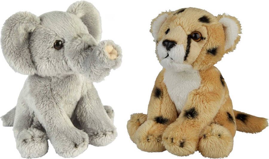 Ravensden Safari dieren serie pluche knuffels 2x stuks Olifant en Cheetah van 15 cm Knuffeldier