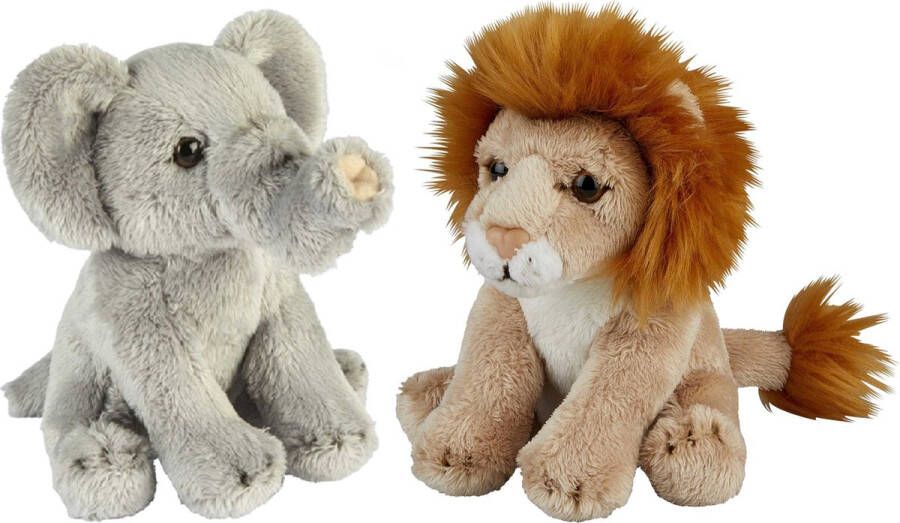 Ravensden Safari dieren serie pluche knuffels 2x stuks Olifant en Leeuw van 15 cm Knuffeldier