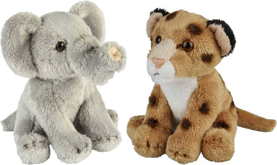 Ravensden Safari dieren serie pluche knuffels 2x stuks Olifant en Luipaard van 15 cm Knuffeldier