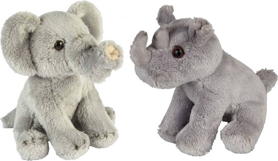 Ravensden Safari dieren serie pluche knuffels 2x stuks Olifant en Neushoorn van 15 cm Knuffeldier