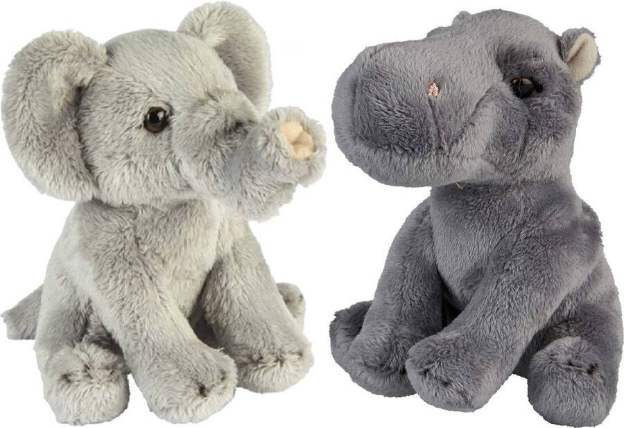 Ravensden Safari dieren serie pluche knuffels 2x stuks Olifant en Nijlpaard van 15 cm Knuffeldier