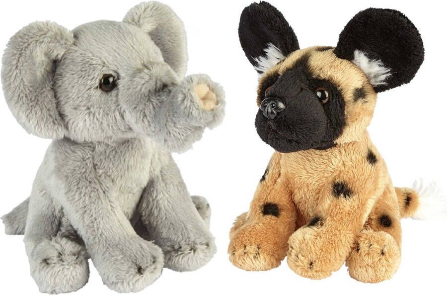 Ravensden Safari dieren serie pluche knuffels 2x stuks Olifant en Wilde Hond van 15 cm Knuffeldier