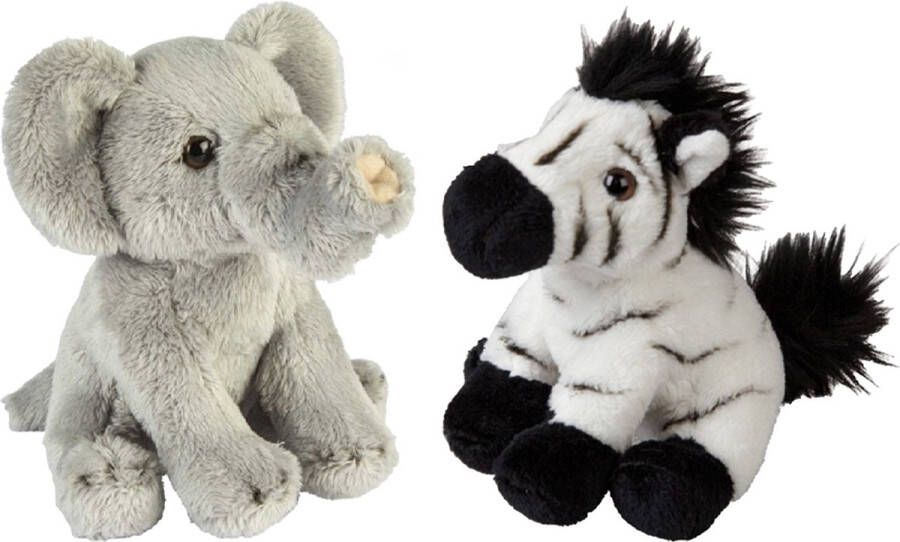 Ravensden Safari dieren serie pluche knuffels 2x stuks Olifant en Zebra van 15 cm Knuffeldier