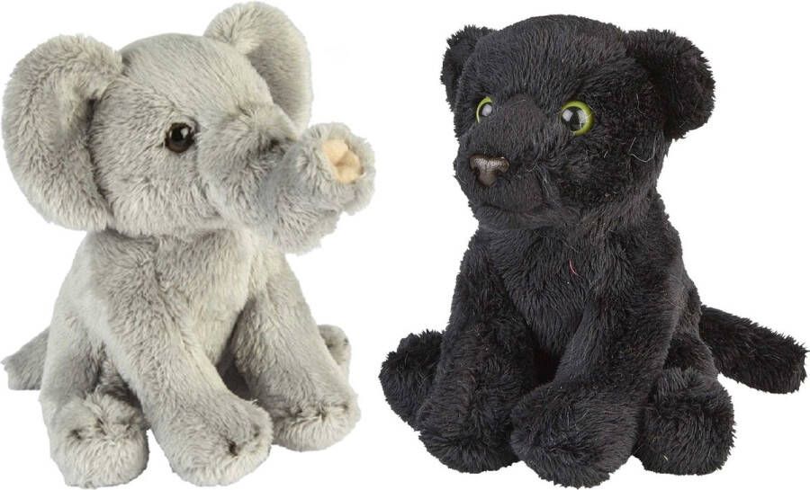 Ravensden Safari dieren serie pluche knuffels 2x stuks Olifant en Zwarte Panter van 15 cm Knuffeldier