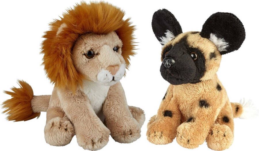 Ravensden Safari dieren serie pluche knuffels 2x stuks Wilde Hond en Leeuw van 15 cm Knuffeldier