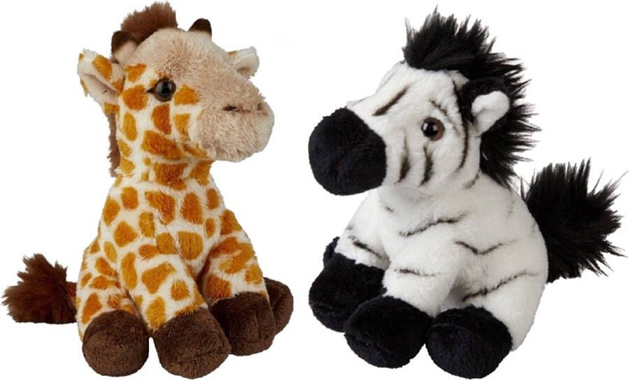 Ravensden Safari dieren serie pluche knuffels 2x stuks Zebra en Giraffe van 15 cm Knuffeldier
