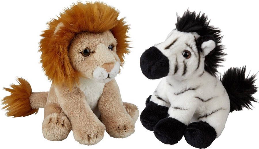 Ravensden Safari dieren serie pluche knuffels 2x stuks Zebra en Leeuw van 15 cm Knuffeldier
