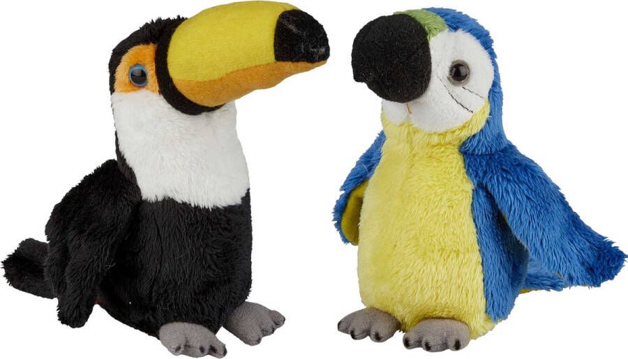 Ravensden Tropische vogels pluche knuffels 2x stuks Blauwe Macaw Papegaai en Toekan van 15 cm Vogel knuffels