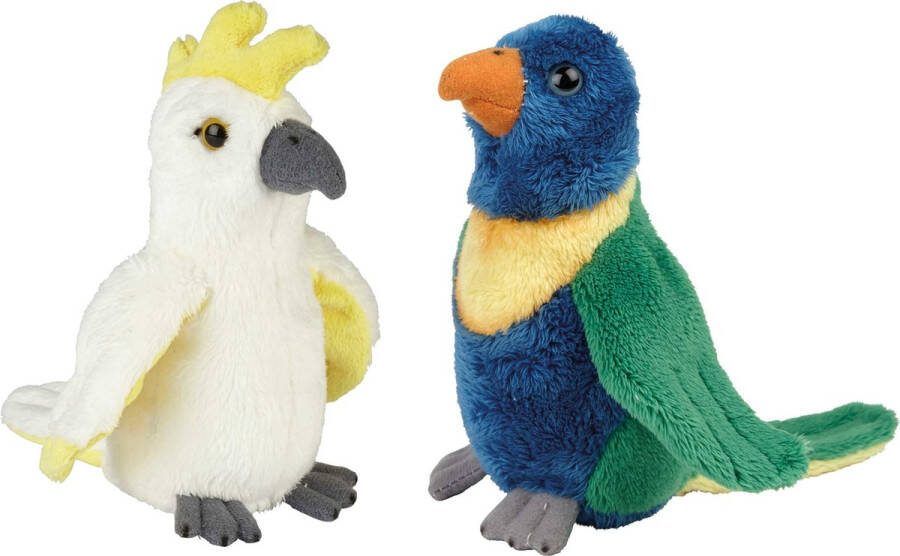 Ravensden Tropische vogels knuffels 2x stuks Kaketoe en Lori Parkiet 15 cm