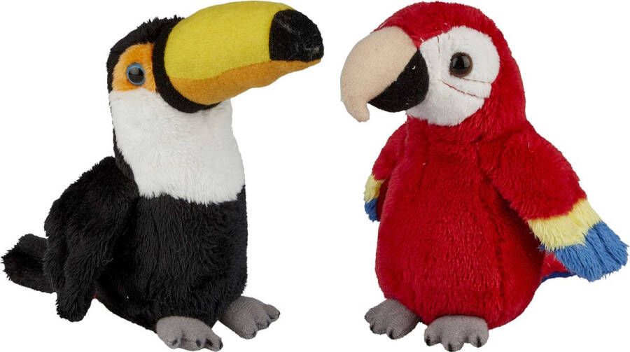 Ravensden Tropische vogels pluche knuffels 2x stuks Rode Macaw Papegaai en Toekan van 15 cm Vogel knuffels