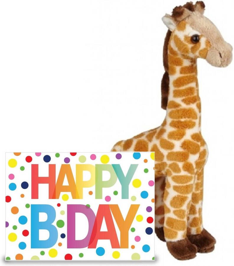 Ravensden Verjaardag cadeau giraffe 23 cm met XL Happy Birthday wenskaart Knuffeldier