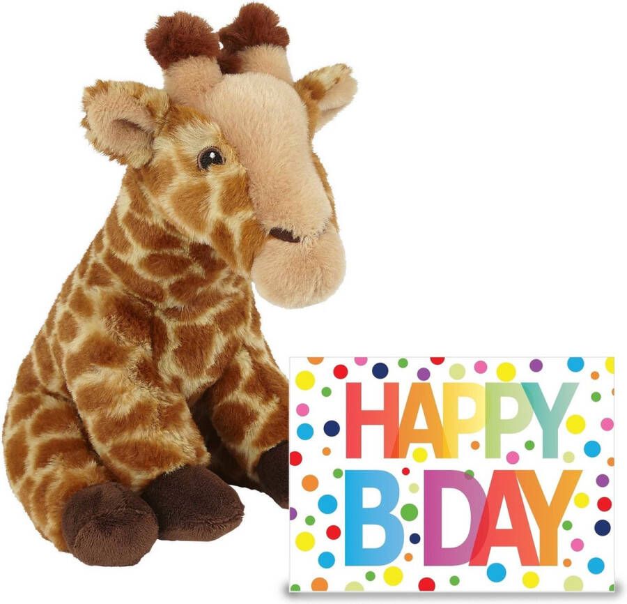 Ravensden Verjaardag cadeau giraffe 23 cm met XL Happy Birthday wenskaart Knuffeldier
