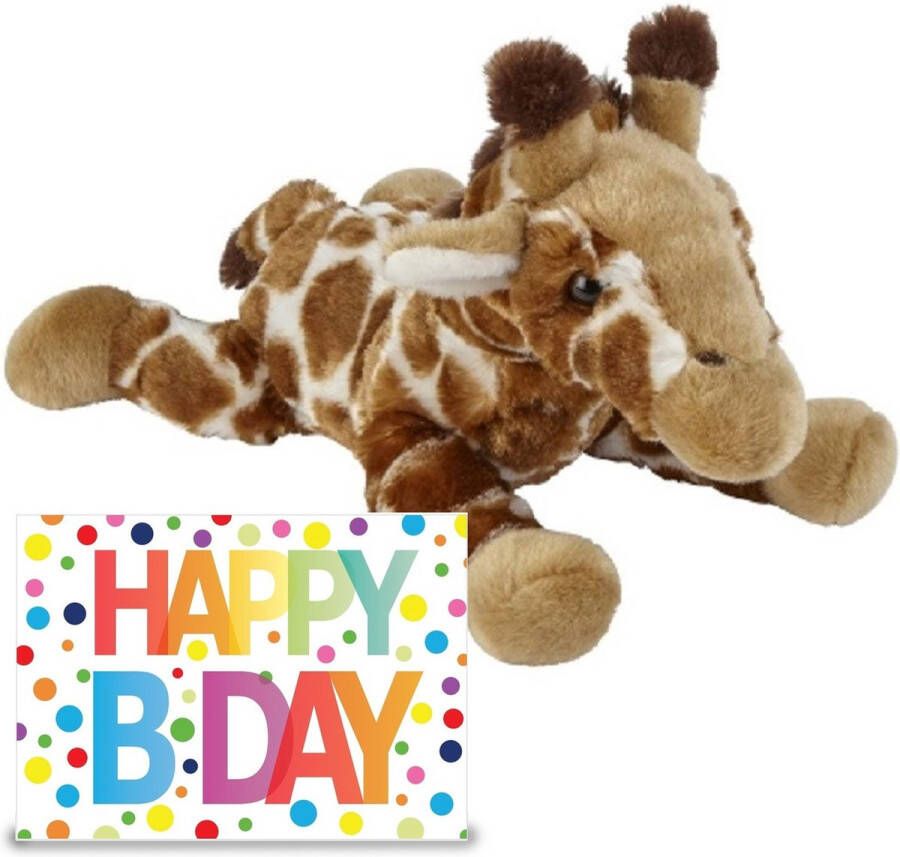 Ravensden Verjaardag cadeau giraffe 25 cm met XL Happy Birthday wenskaart Knuffeldier
