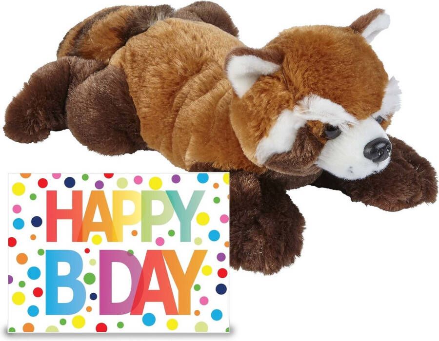 Ravensden Verjaardag cadeau rode panda 25 cm met XL Happy Birthday wenskaart Knuffeldier