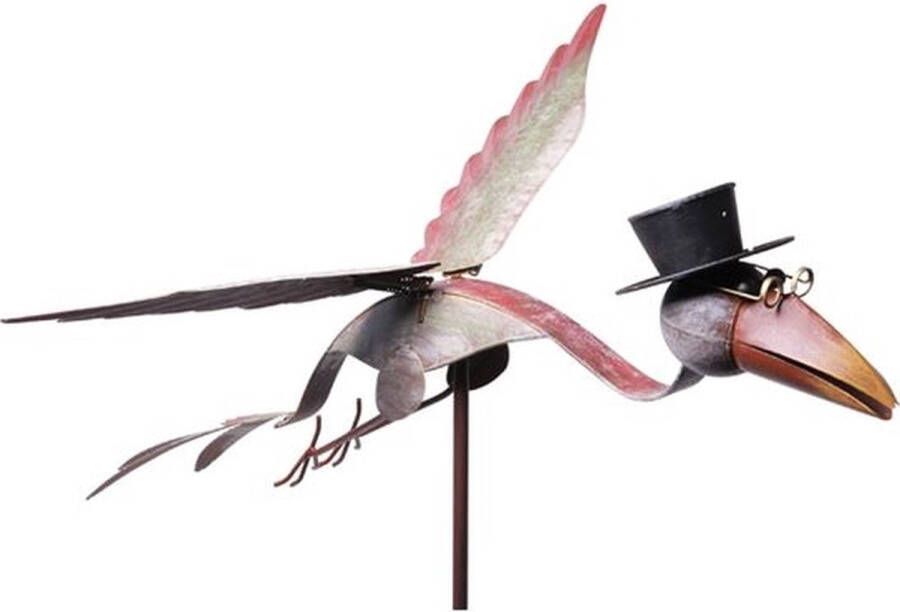 Rawa Geschenken Metalen tuinsteker pendule vliegende vogel met hoed kleur multi- afm. 66x50x125 cm tuindecoratie tuinbeeld