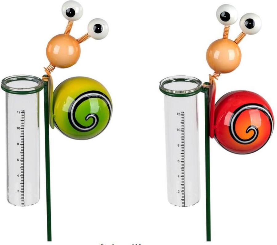 Rawa Geschenken Tuinsteker regenmeter slak funny metaal en glas handgeschilderd 110 cm hoog 1 willekeurige kleur