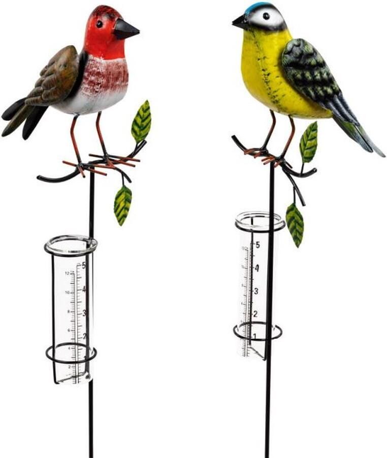 Rawa Geschenken Tuinsteker regenmeter tuinvogel metaal handgeschilderd 90 cm hoog 1 willekeurige