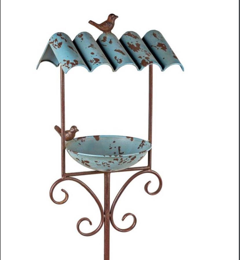 Rawa Geschenken Rustieke blauwe tuinsteker drinkbakje met dak voor vogels metaal 150 cm antiek blauw en roest