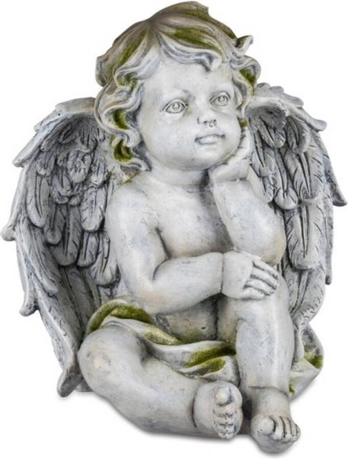 Rawa Geschenken Tuinbeeld engel zittend polyresin grijs groen -tuindecoratie 27 cm hoog