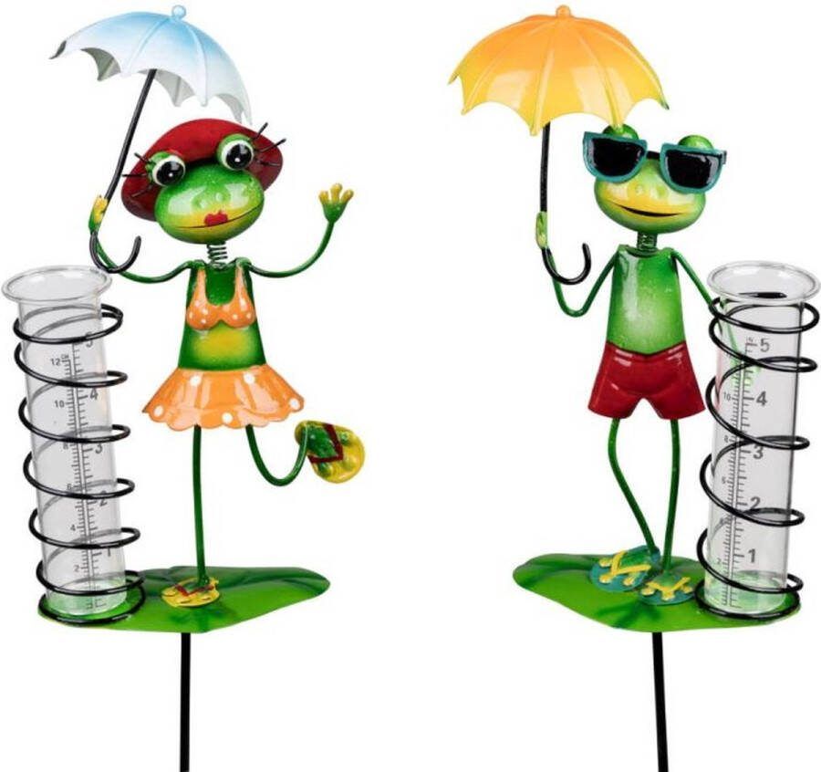Rawa Geschenken Tuinsteker regenmeter kikker funny man of vrouw metaal en glas handgeschilderd 90 cm hoog 1 willekeurige