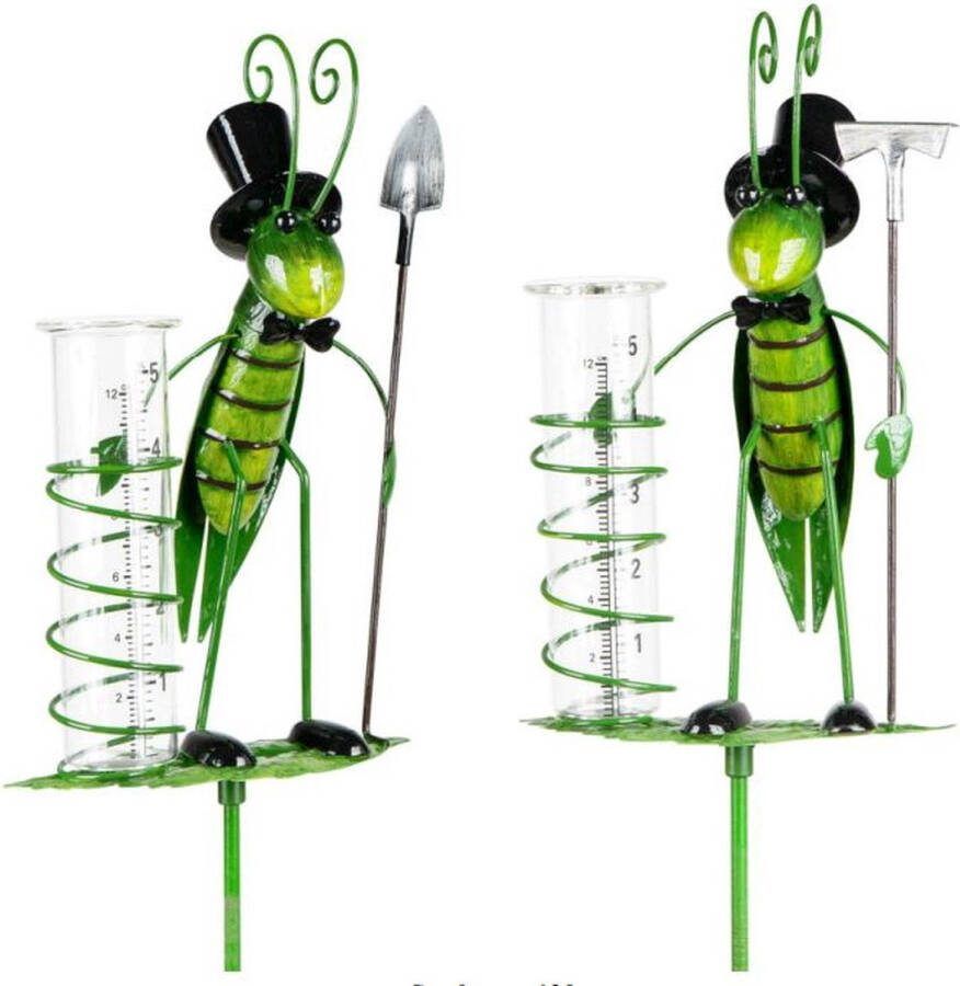 Rawa Geschenken Tuinsteker regenmeter sprinkhaan funny metaal en glas handgeschilderd 120 cm hoog 1 willekeurige