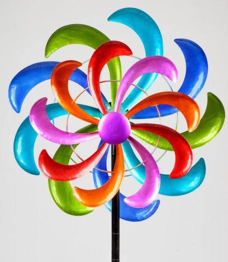 Rawa Geschenken Tuinsteker Windmolen Kleurrijke bloem Windspinner 166 cm hoog -metaal geschilderd windspel