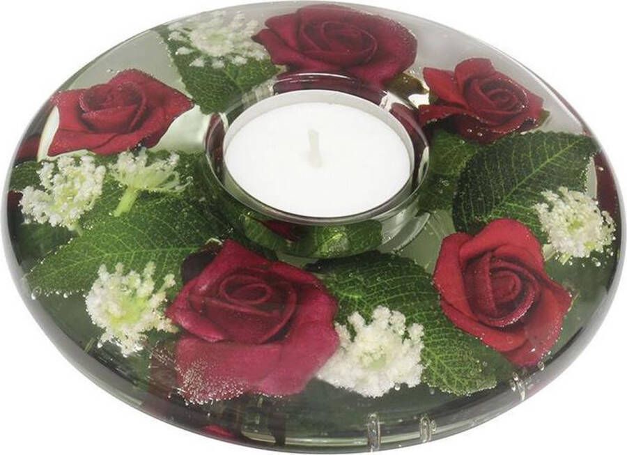 Rawa Geschenken waxinelichthouder met rode bloemen 4x11 cm handgemaakte glazen waxinelicht houder sfeervolle windlicht decoratie