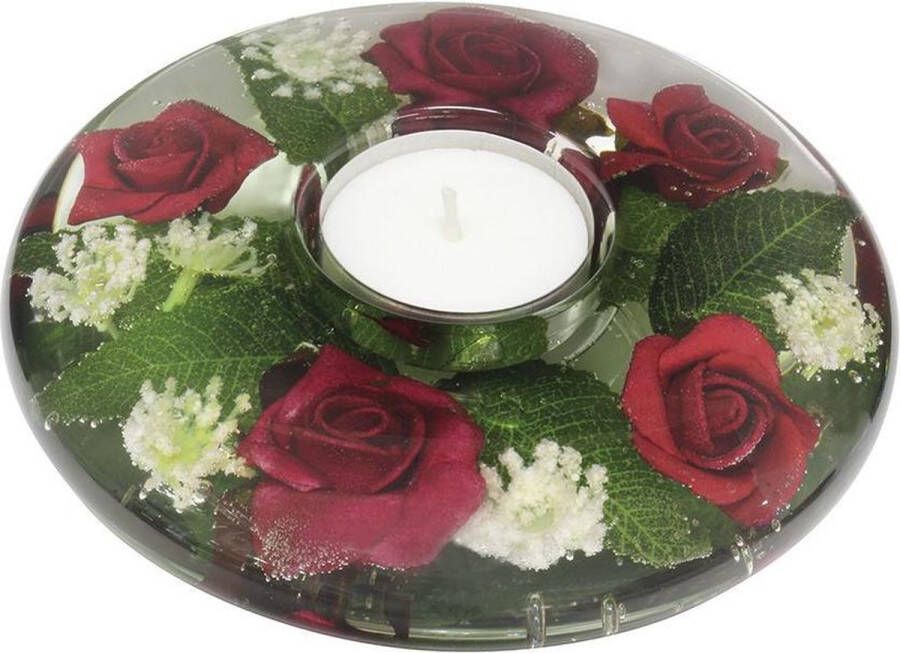 Rawa Geschenken waxinelichthouder met rode bloemen 5x13 cm handgemaakte glazen waxinelicht houder sfeervolle windlicht decoratie