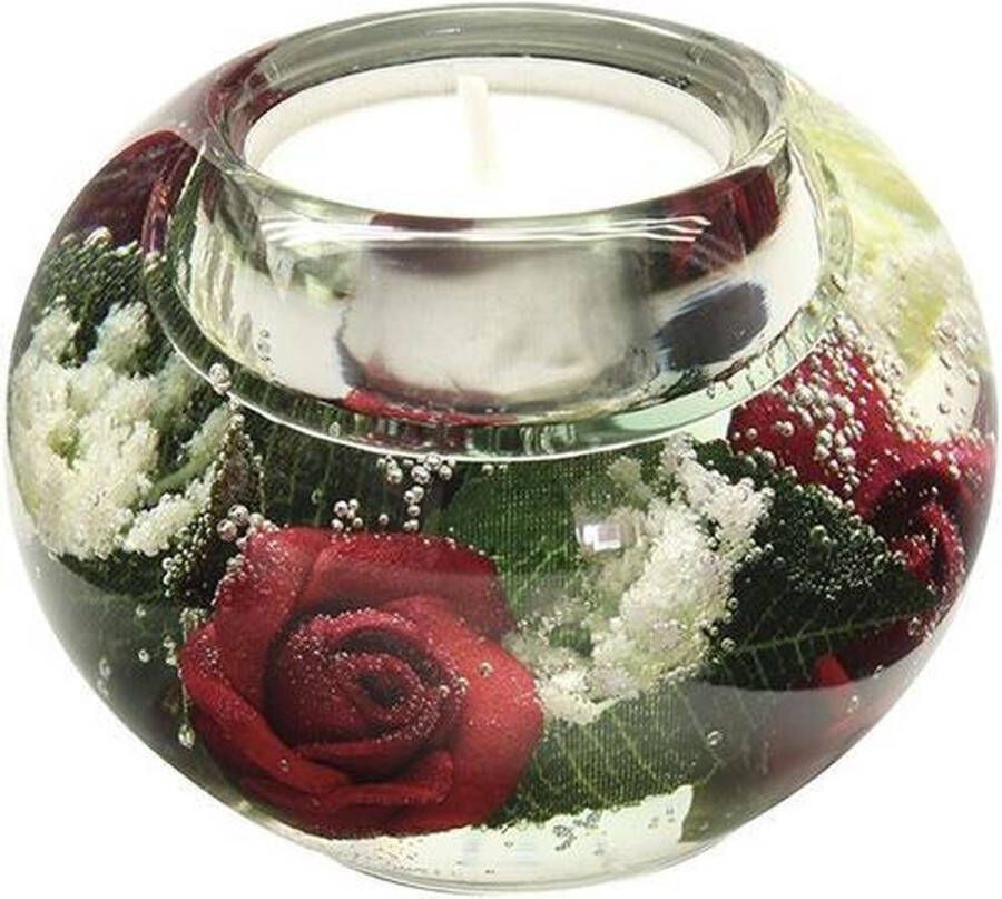 Rawa Geschenken waxinelichthouder met rode bloemen 6x8 cm handgemaakte glazen waxinelicht houder sfeervolle windlicht decoratie